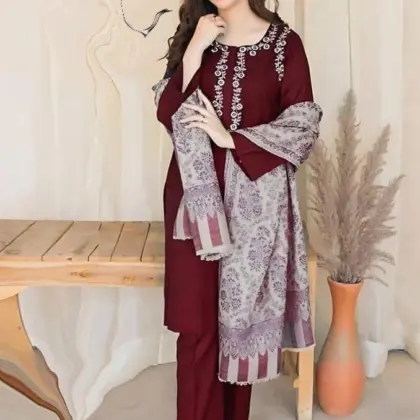 Women Embroidered Maroon 3-Piece Kurta Set with Floral Shawl Dupatta