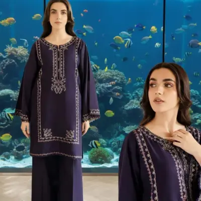Blue Embroidered Lawn 2-Piece Shirt Trouser Set for Women
