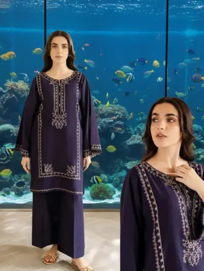 Blue Embroidered Lawn 2-Piece Shirt Trouser Set for Women