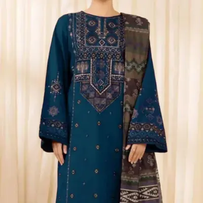 Blue Embroidered Lawn 3-Piece Set for Women with Digital Print Dupatta