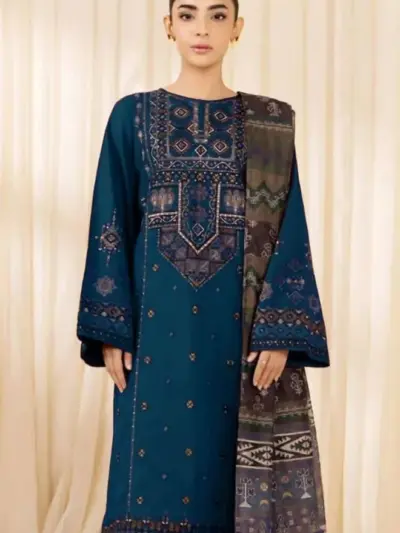 Blue Embroidered Lawn 3-Piece Set for Women with Digital Print Dupatta