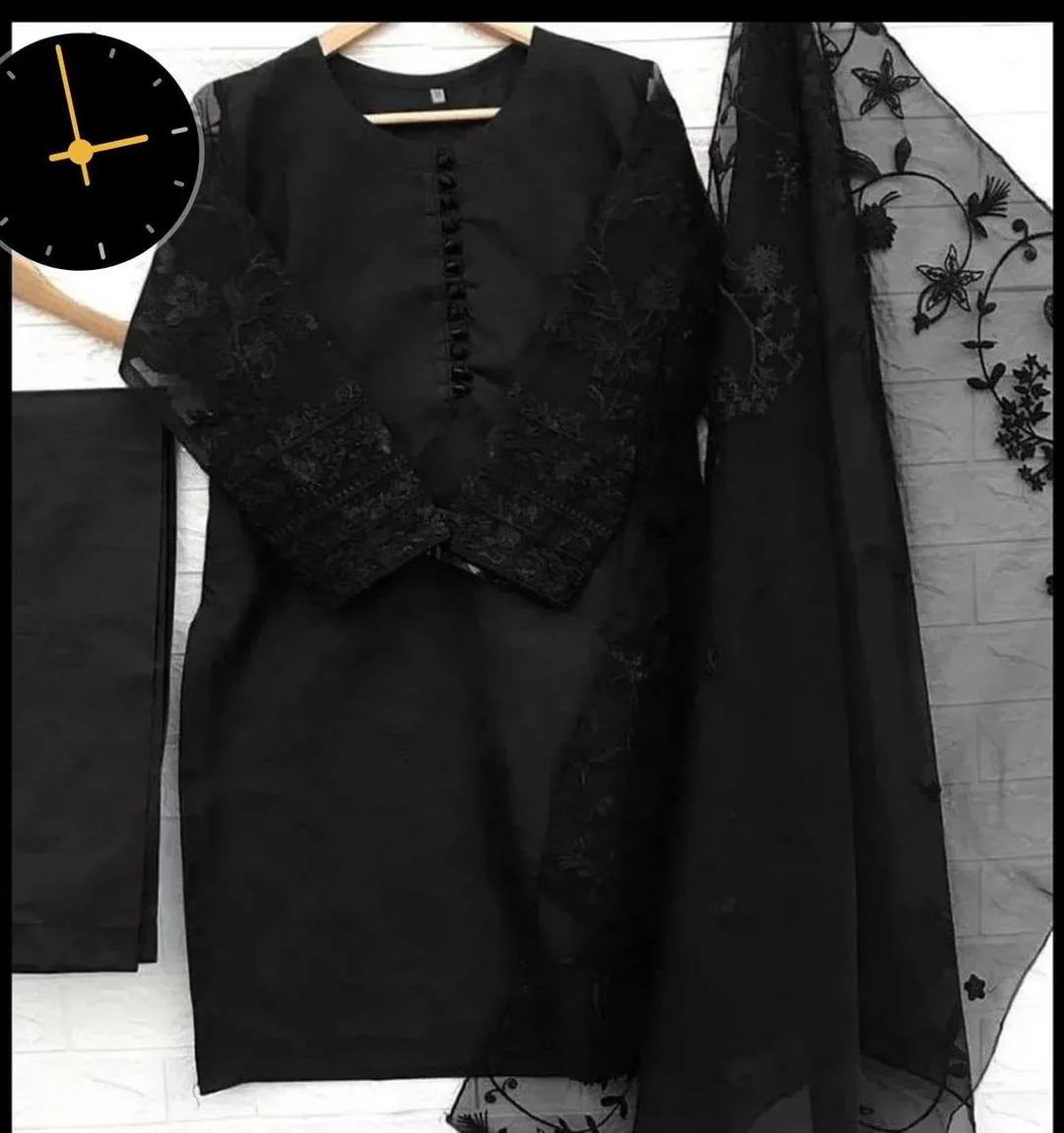 Black Embroidered 3PC Organza Suit with Embroidered Dupatta and Malai Trouser