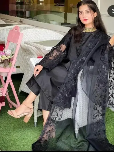 Black Embroidered 3PC Organza Suit with Embroidered Dupatta and Malai Trouser