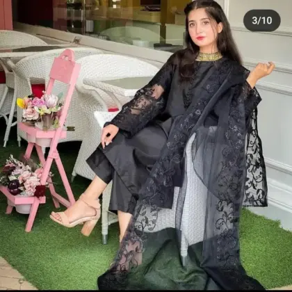 Black Embroidered 3PC Organza Suit with Embroidered Dupatta and Malai Trouser