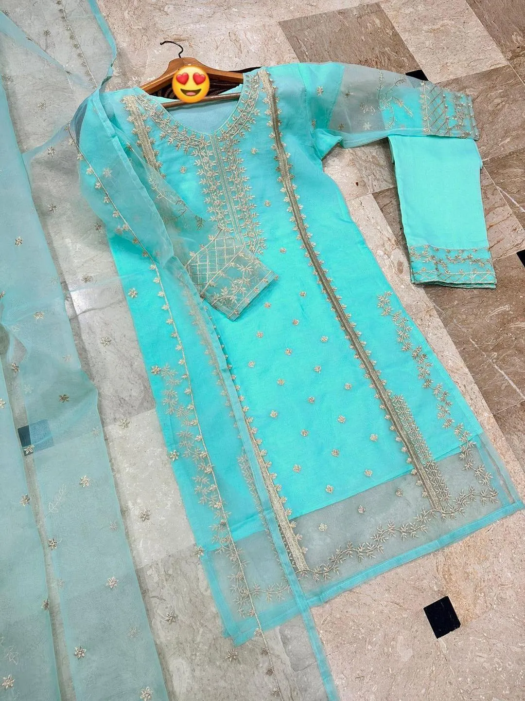 Light Blue Embroidered 3-Piece Organza Suit for Women with Crepe Trouser