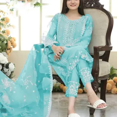 Light Blue Embroidered 3-Piece Organza Suit for Women with Crepe Trouser