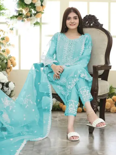 Light Blue Embroidered 3-Piece Organza Suit for Women with Crepe Trouser
