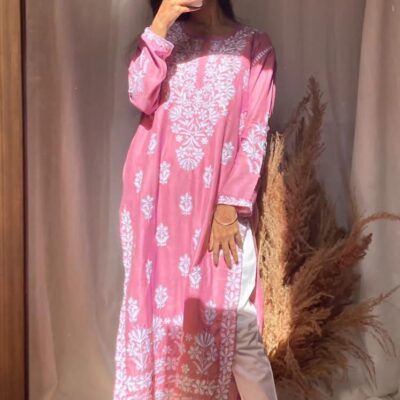 Peach Casual Embroidered Linen Kurta for Women & Men - Standard Size