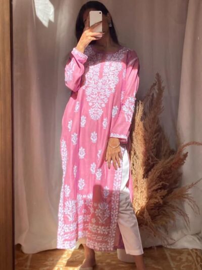 Peach Casual Embroidered Linen Kurta for Women & Men - Standard Size