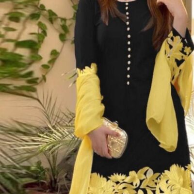 Black Yellow Floral Embroidered Linen 2-Piece Suit for Women