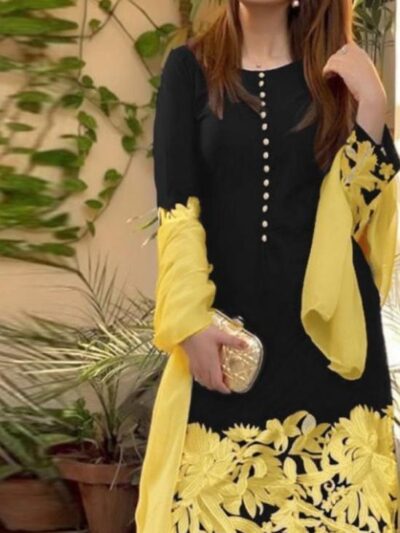 Black Yellow Floral Embroidered Linen 2-Piece Suit for Women