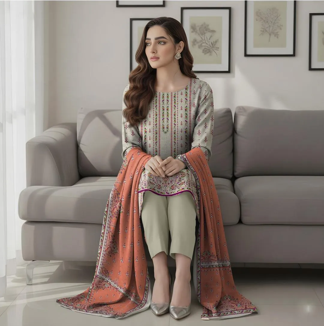 Off White Printed Dobby Lawn 3-Piece Suit with Dupatta for Women