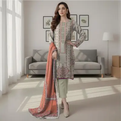 Off White Printed Dobby Lawn 3-Piece Suit with Dupatta for Women