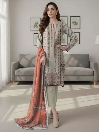 Off White Printed Dobby Lawn 3-Piece Suit with Dupatta for Women