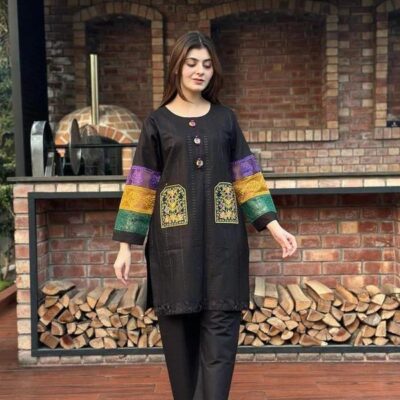 Chikankari Embroidered Cotton 2-Piece Women Shirt & Trouser Set Black