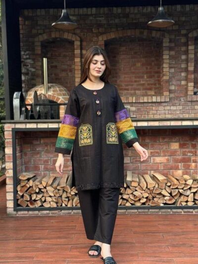 Chikankari Embroidered Cotton 2-Piece Women Shirt & Trouser Set Black