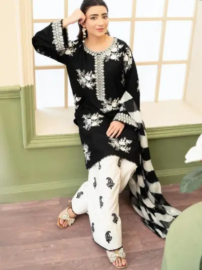Black Embroidered Lawn 3-Piece Pajama Set with Digital Print Shawl