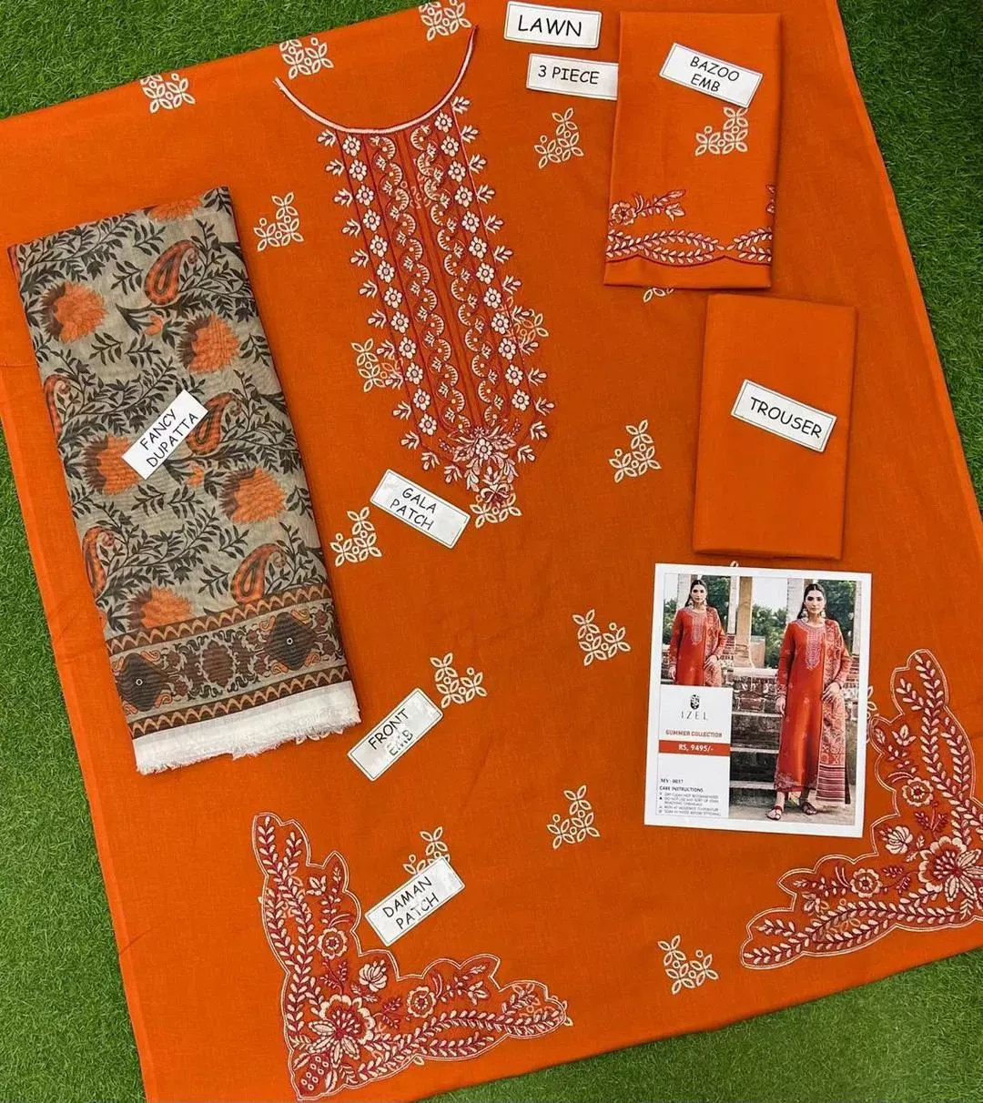 Unstitched 3-Piece Orange Embroidered Lawn Suit with Digital Print Monar Lawn Dupatta