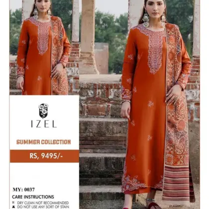 Unstitched 3-Piece Orange Embroidered Lawn Suit with Digital Print Monar Lawn Dupatta