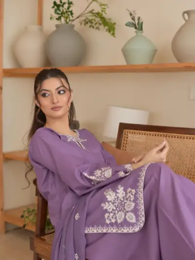 Purple Embroidered 3-Piece Airjet Lawn Suit with Bamber Chiffon Dupatta for Women