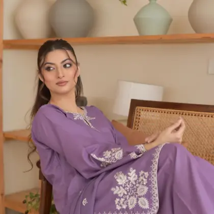 Purple Embroidered 3-Piece Airjet Lawn Suit with Bamber Chiffon Dupatta for Women