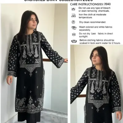 Unstitched Black Embroidered 2-Piece Lawn Suit with White Embroidery
