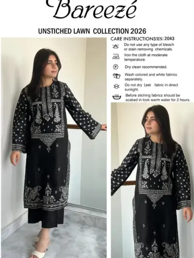 Unstitched Black Embroidered 2-Piece Lawn Suit with White Embroidery