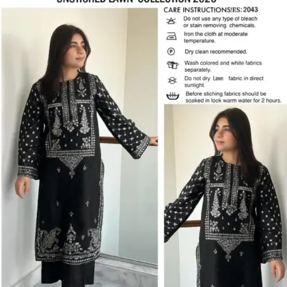 Unstitched Black Embroidered 2-Piece Lawn Suit with White Embroidery
