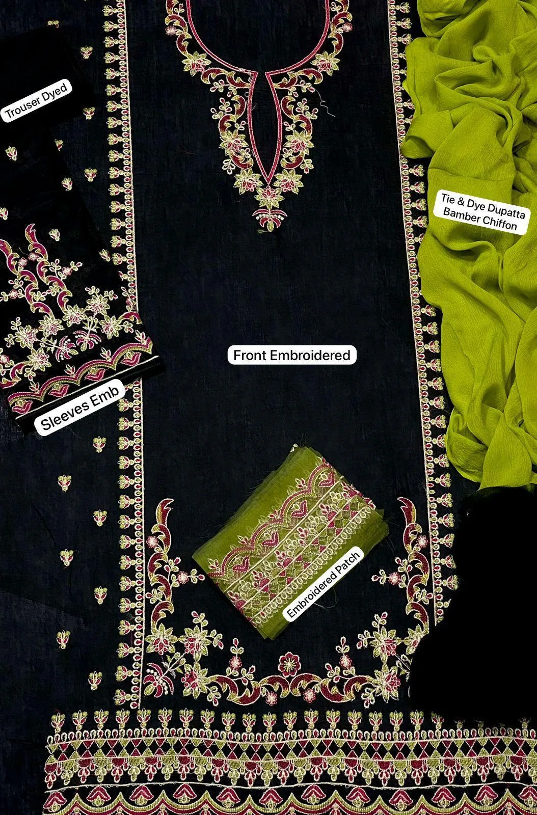 Black Embroidered 3-Piece Lawn Suit with Bamber Dupatta for Women