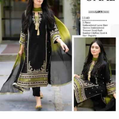 Black Embroidered 3-Piece Lawn Suit with Bamber Dupatta for Women