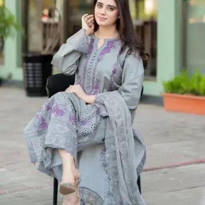 Grey Embroidered 3-Piece Airjet Lawn Suit with Bamber Chiffon Dupatta