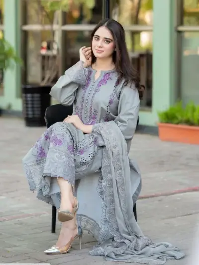 Grey Embroidered 3-Piece Airjet Lawn Suit with Bamber Chiffon Dupatta