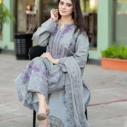 Grey Embroidered 3-Piece Airjet Lawn Suit with Bamber Chiffon Dupatta