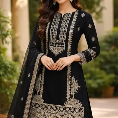 Black Embroidered 3-Piece Lawn Kurta Set with Printed Diamond Dupatta