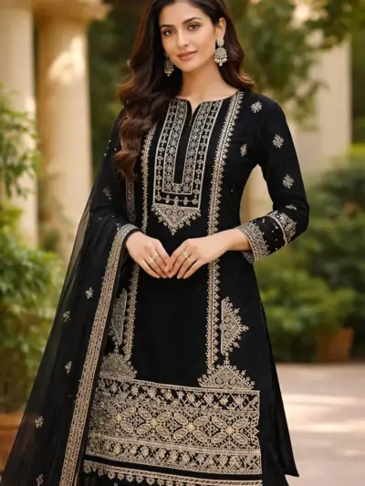 Black Embroidered 3-Piece Lawn Kurta Set with Printed Diamond Dupatta