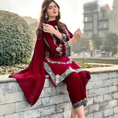 Maroon Shamoz Silk Embroidered 3-Piece Wedding Suit with Chiffon Dupatta