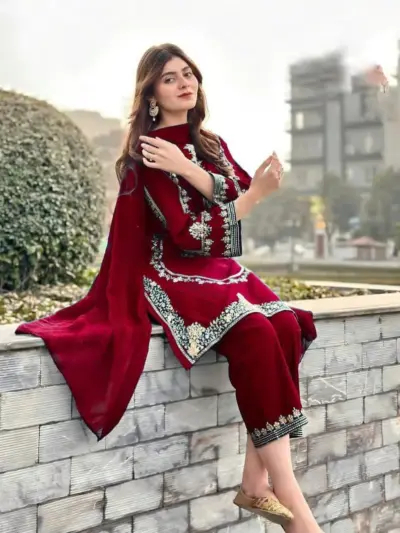 Maroon Shamoz Silk Embroidered 3-Piece Wedding Suit with Chiffon Dupatta