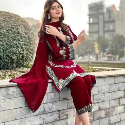 Maroon Shamoz Silk Embroidered 3-Piece Wedding Suit with Chiffon Dupatta