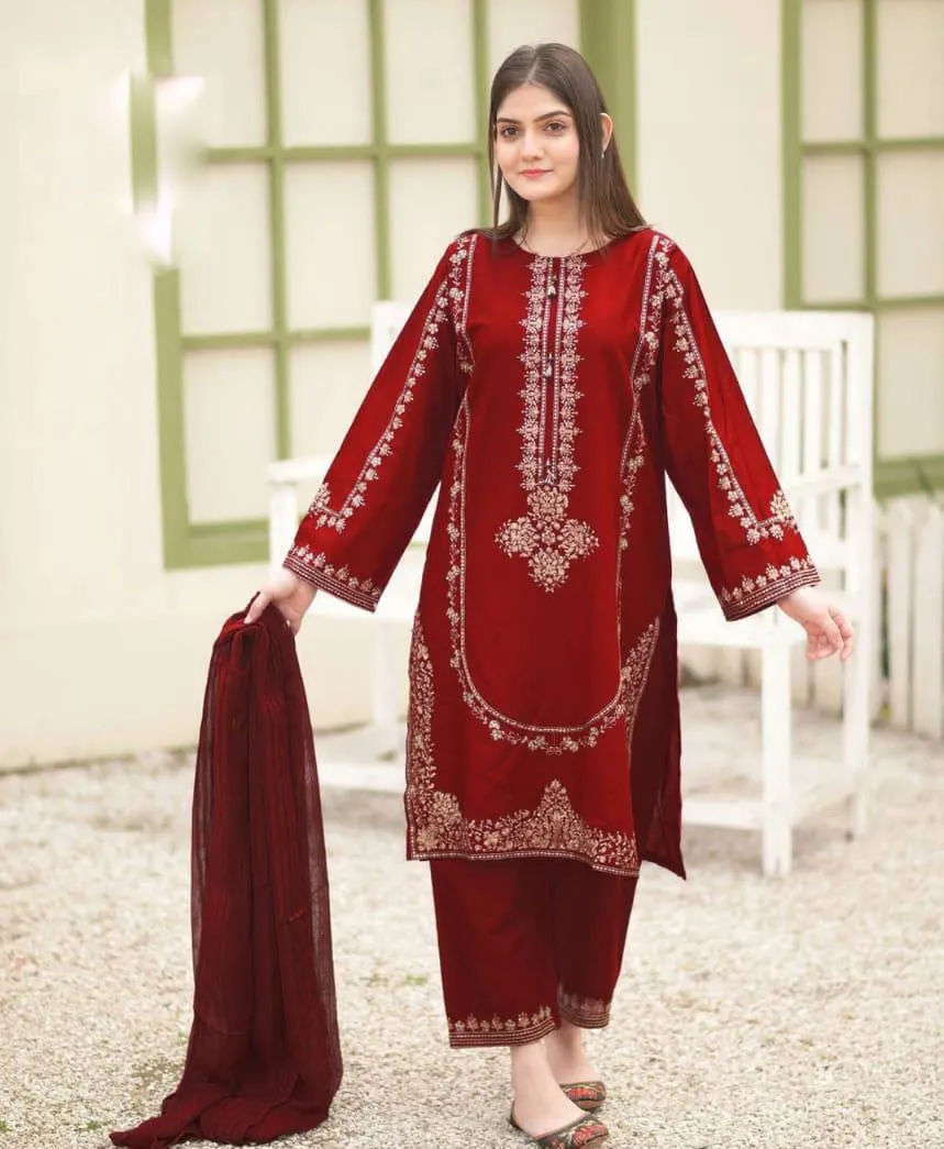 Maroon Shamoz Silk Embroidered 3-Piece Wedding Suit with Chiffon Dupatta