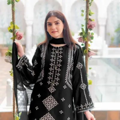 Black Sequin Embroidered 3-Piece Cotton Suit with Chiffon Dupatta for Eid and Weddings