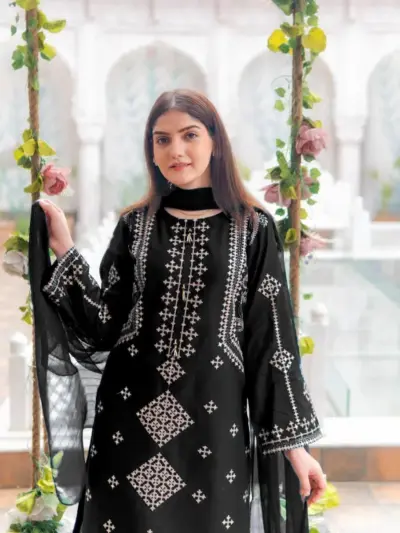 Black Sequin Embroidered 3-Piece Cotton Suit with Chiffon Dupatta for Eid and Weddings