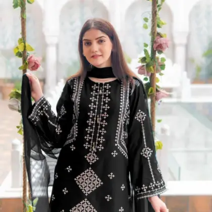 Black Sequin Embroidered 3-Piece Cotton Suit with Chiffon Dupatta for Eid and Weddings
