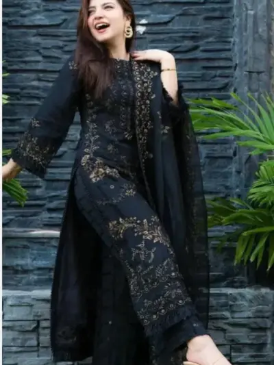 Black Gold Embroidered 3-Piece Lawn Suit with Bamber Dupatta for Women