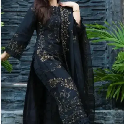 Black Gold Embroidered 3-Piece Lawn Suit with Bamber Dupatta for Women