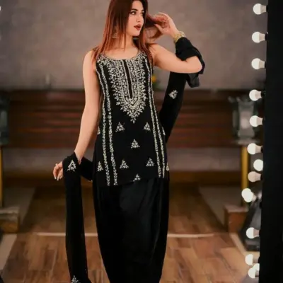 Black Gota Work 2-Piece Unstitched Chiffon Suit for Women