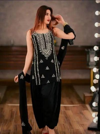 Black Gota Work 2-Piece Unstitched Chiffon Suit for Women