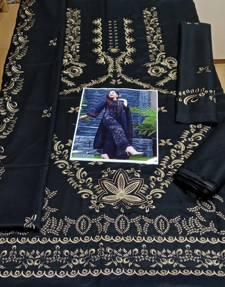 Black Gold Embroidered 3-Piece Lawn Suit with Bamber Dupatta for Women