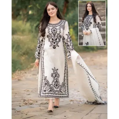 Black Embroidered Organza 3-Piece Women Suit Set with Malai Trouser