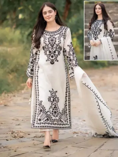 Black Embroidered Organza 3-Piece Women Suit Set with Malai Trouser