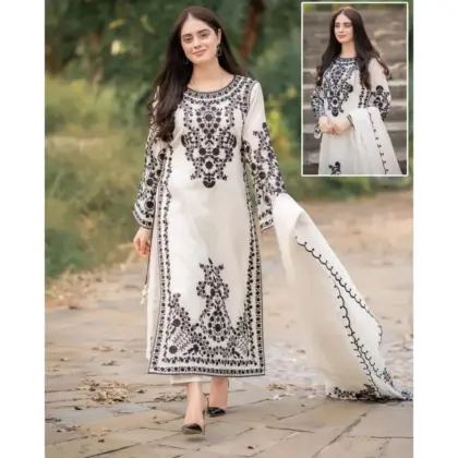 Black Embroidered Organza 3-Piece Women Suit Set with Malai Trouser